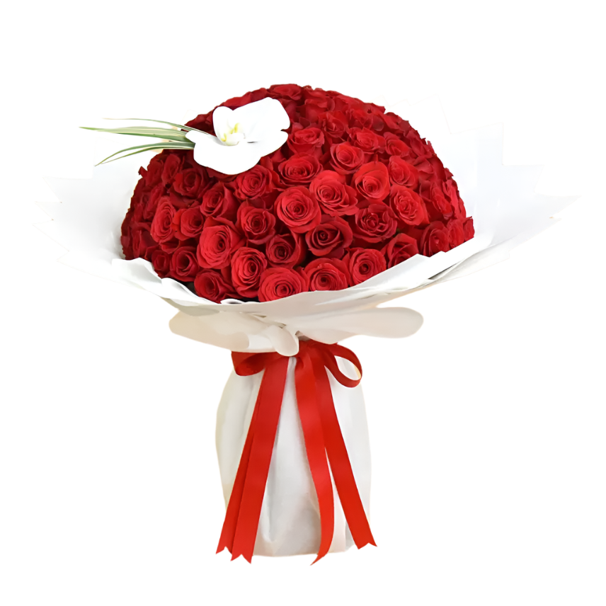 Espírito Romântico: Buquê de 100 Rosas Vermelhas Colombianas com uma Orquídea