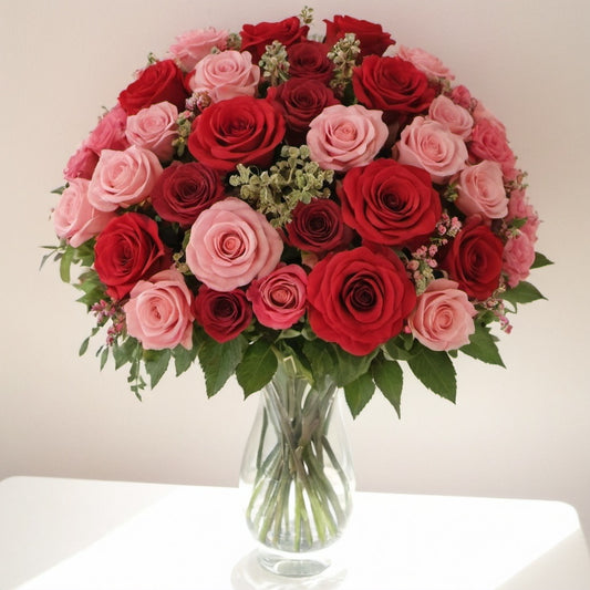 Arrangement of Red and Pink Roses - Passion and Delicacy