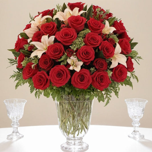 Arrangement of Red Roses and Lilies - Symbol of Elegance