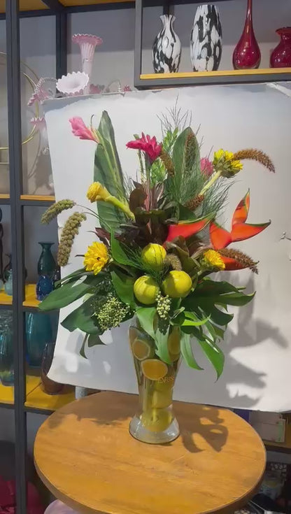 Elegant Tropical Arrangement with Glass Vase
