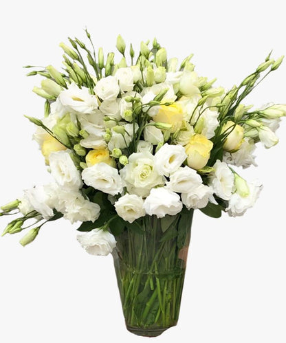 White Happiness Lisianthus with Glass Vase