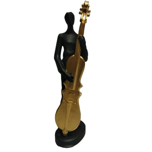 ESTATUETA MUSICO COM VIOLONCELO  PRETO/DOURADO 35 CM RESINA