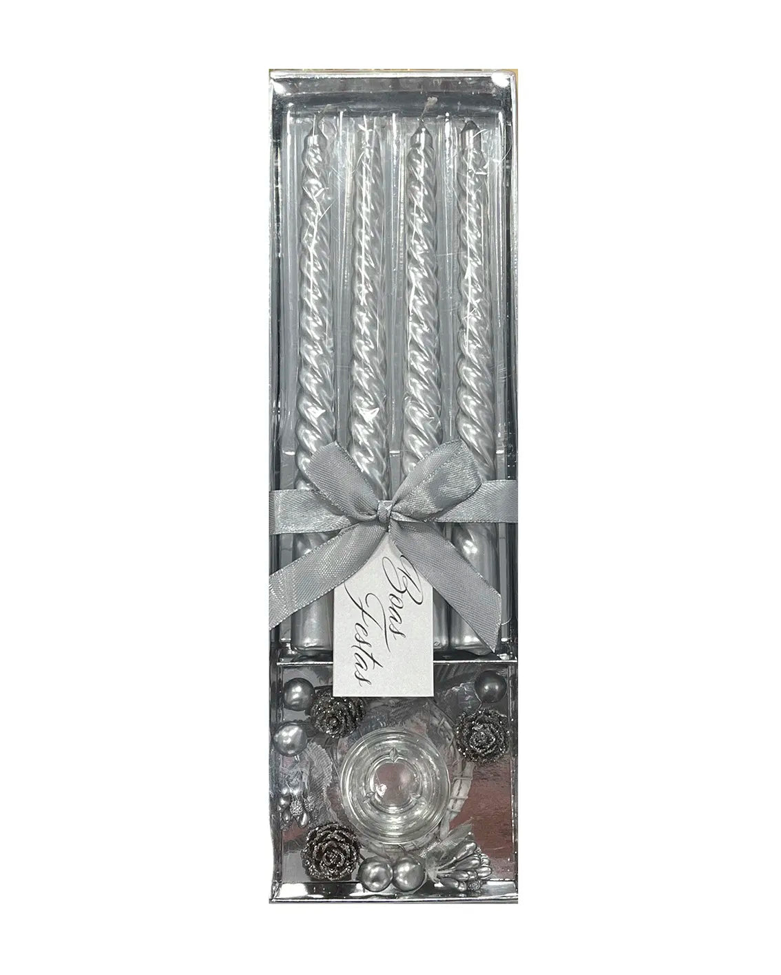 KIT WITH 4 CANDLES AND 1 CANDLE HOLDER COLOR: SILVER
