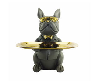 ESTATUETA CACHORRO SENTADO CINZA  COM BANDEJA DOURADA 23 CM RESINA